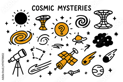 Cosmic Doodle Wonders. Cosmic mysteries. Hand-drawn doodle illustration cosmic mysteries black hole (accented), wormhole (accented), spiral galaxy (accented),