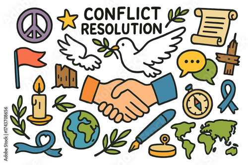 Peaceful Symbols Cartoon. Conflict Resolution. Colorful Hand-drawn doodle Children illustration Handshake, dove, broken fence, scroll, peace sign, star, globe,