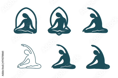 Yoga Stretch Logos. Letting go of stress from the day. Set Logo of yoga stretch: human silhouette in relaxed stretching posture. harmonious logo variations of