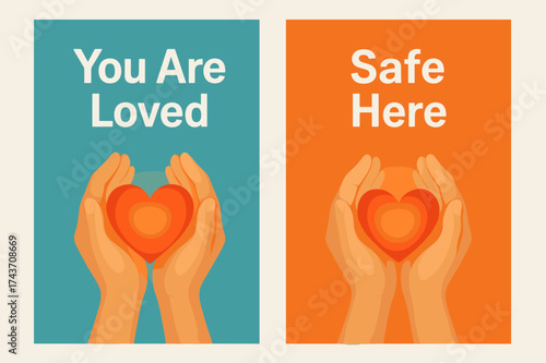Warm Embrace Banners. Comfort. Two vertical A6 banners, minimal, turquoise and orange backgrounds, warm hands cradling a glowing heart, first banner with text