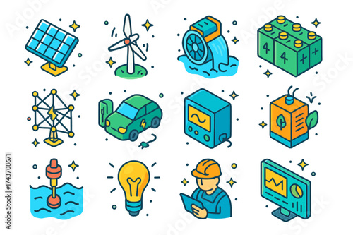 Colorful Clean Energy Icons. Clean energy. Colorful isometric vector icons set of clean energy: solar array, wind farm, hydroelectric turbine, battery bank,