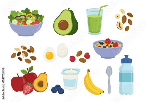 Healthy Food Icons Fresh Salad, Smoothie, Fruits, Nuts, Yogurt, Boiled Eggs, Cereal, and Water Bottle