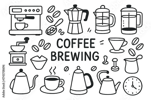 Coffee Brewing Doodle. Coffee Brewing. Hand-drawn doodle illustration Coffee Brewing espresso machine, moka pot, french press, drip coffee maker, coffee