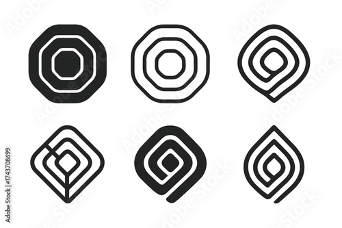 Harmonious Logo Variations. Order. Set Logo of Conceptual design: concentric shapes icon. harmonious logo variations of the same emblematic concept, each with