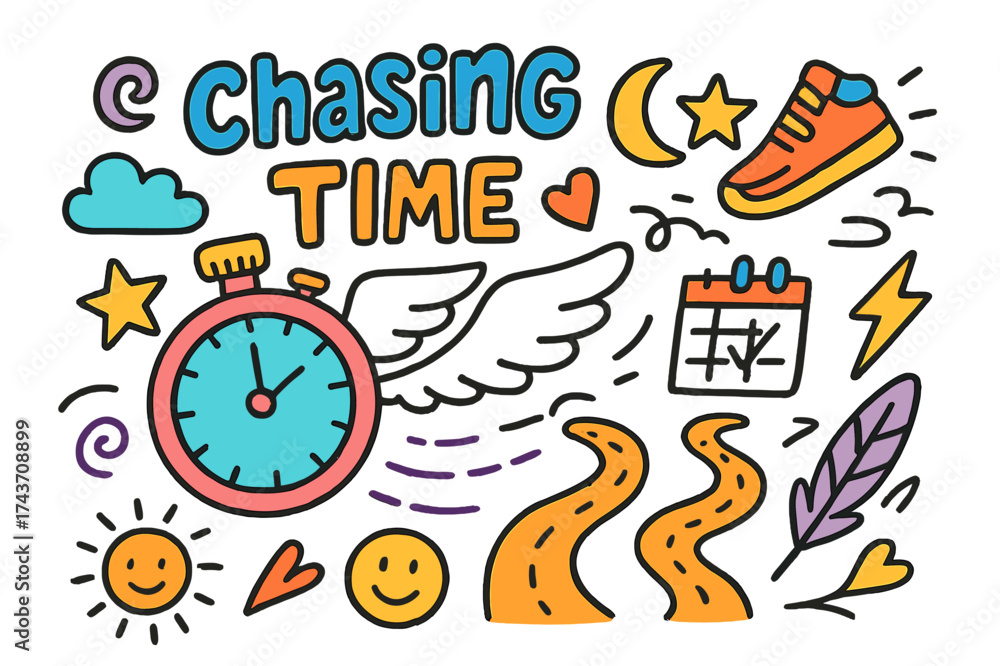 Obraz premium Chasing Time Doodle. Chasing Time. Colorful Hand-drawn doodle Children illustration stopwatch, running shoes, wings, star, sun, moon, cloud, swirl, heart,