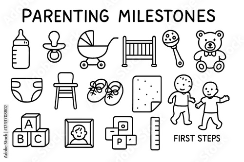 Parenting Milestones Icons. Parenting milestones. Hand-drawn doodle illustration parenting milestones baby bottle, pacifier, stroller, crib, rattle, teddy