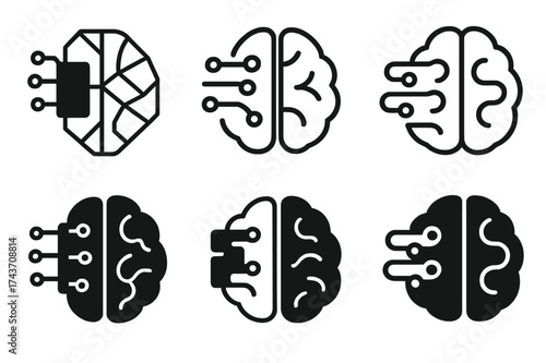 Memory Brain Logos. Neuroscience of memory. Set Logo of Neuroscience of memory: Memory chip merging with brain. harmonious logo variations of the