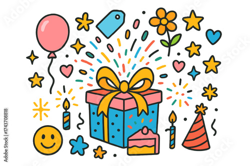 Colorful Celebration Icons. Gift Surprise. Colorful Hand-drawn doodle Children illustration present box, bow, ribbon, balloon, heart, star, confetti, flower,