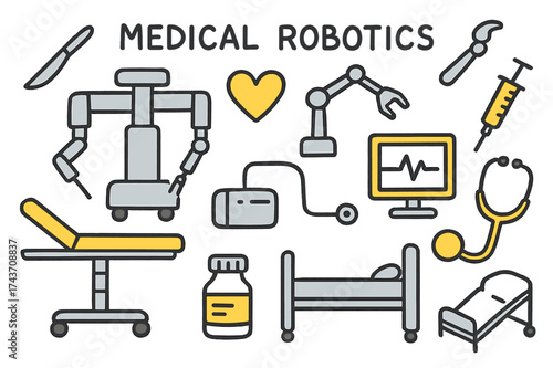 Medical Robotics Doodle. Medical Robotics. Hand-drawn doodle illustration surgical robot (colored), scalpel, operating table (colored), heart symbol, monitor