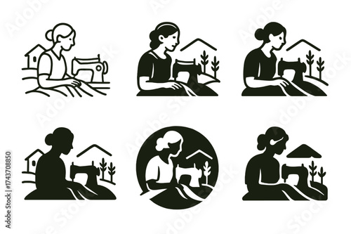 Rural Women Entrepreneurship Logos. Women entrepreneurs in rural areas. Set Logo of Women entrepreneurs in rural areas: Sewing machine / rural