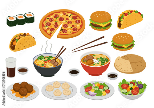 A Variety of Delicious Dishes Sushi, Pizza, Burgers, Tacos, Salad, Dumplings, Soup, and More