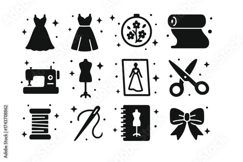 Haute Couture Icons. Haute Couture. Solid icons set of Haute Couture: Gown, Designer Dress, Embroidery, Fabric Roll, Sewing Machine, Mannequin, Sketch,