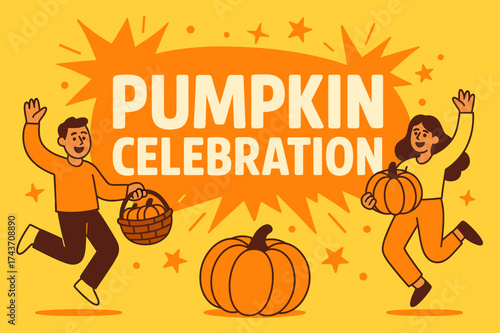 Pumpkin Festival Fun. PumpkinCelebration banner, flat vector illustration, bold oversized text inside rounded blob, cartoon characters jumping and waving near
