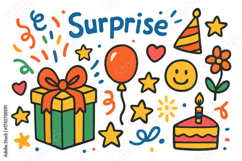 Colorful Party Doodles. Surprise. Colorful Hand-drawn doodle Children illustration gift box, ribbon, bow, balloon, confetti, party hat, star, heart, smiley