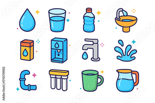 Colorful Water Icons. Drinking Water. Colorful isometric vector icons set of drinking water: water droplet, glass of water, bottle, drinking fountain, push