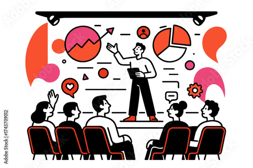 Dynamic Presentation Scene. Interactive Hall. Stage with presenter and floating abstract diagrams, audience