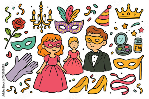 Masquerade Ball Doodles. Masquerade ball. Colorful Hand-drawn doodle Children illustration Elegant mask, feathered mask, ballroom dress, tuxedo, party hat,