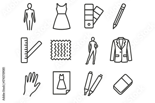 Fashion Sketch Icon Set. Fashion sketching. Line icon set of Fashion sketching: model outline, dress sketch, color swatch, pencil, ruler, fabric texture, pose