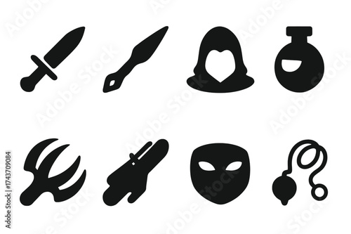 Assassin Tool Icons. Assassin. Filled icon set of Assassin: dagger, throwing knife, hood, poison vial, claw