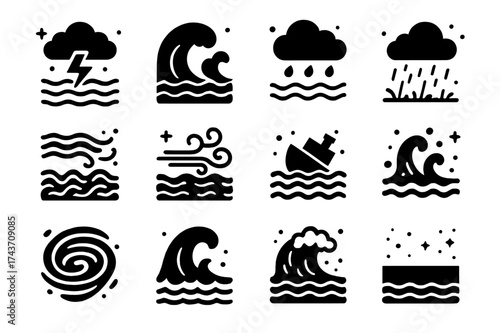 Ocean Storm Icons. Ocean storms. Solid icons set of ocean storms: lightning over sea, crashing wave, storm cloud, rain splash, churning waters, turbulent wind,