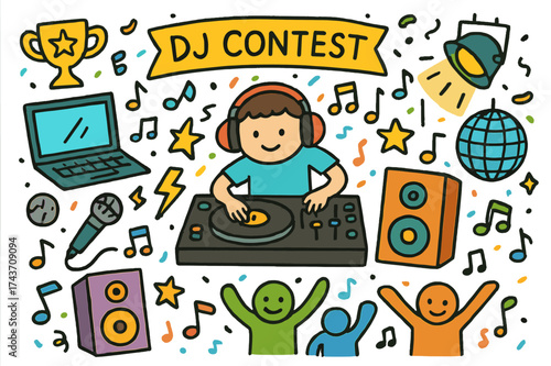 DJ Contest Vibes. DJ contest. Colorful Hand-drawn doodle Children illustration DJ contest turntable, headphones, laptop, microphone, speakers, music notes,
