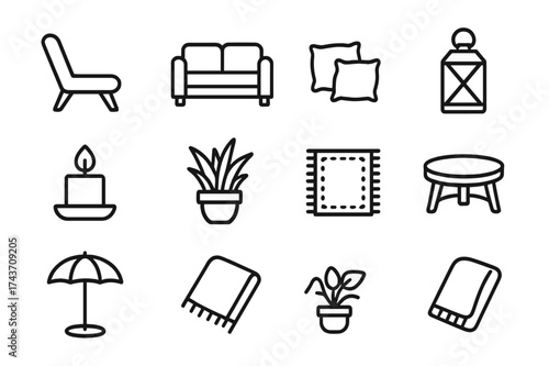 Cozy Relaxation Icons. Relaxation space. Line icon set of relaxation space: chair, sofa, pillows, lantern, candle, potted plant, rug, coffee table, umbrella,