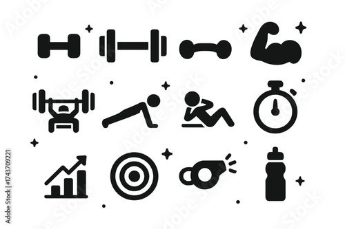 Strength Training Icons. Strength training. Solid icons set of Strength training: dumbbell, barbell, kettlebell, muscle arm, bench press, push-up figure,