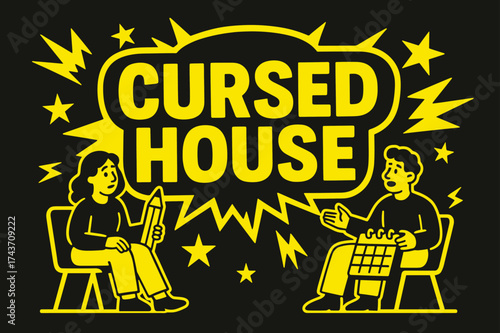 Cursed House Banner. Cursed House banner, flat vector illustration, bold oversized text inside sticker outline, cartoon characters sitting and chatting,