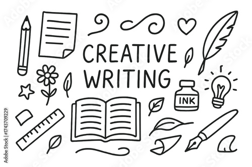 Creative Writing Icons. Creative writing. Hand-drawn doodle illustration creative writing pencil, quill, ink bottle, open book, paper sheet, star, heart,