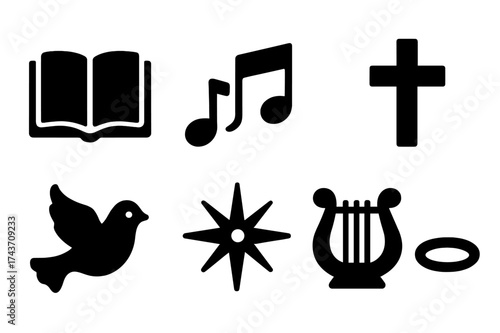 Hymn Icon Collection. Hymn. Filled icon set of Hymn: open book, music notes, candle, cross, dove, radiant star