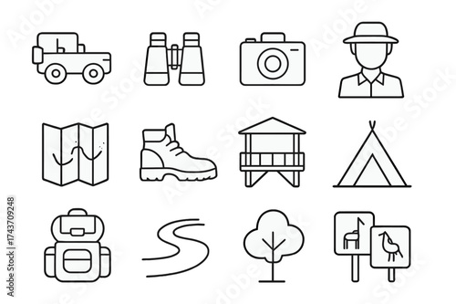 Eco-Tourism Icon Set. Eco-tourism. Line icon set of Eco-tourism: safari vehicle, binoculars, camera, guide, map, hiking boots, observation deck,