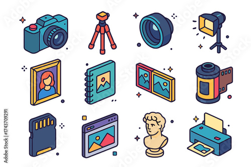 Colorful Photography Icons. Photography. Colorful isometric vector icons set of photography: camera, tripod, lens, photo light, portrait frame, sketchbook,