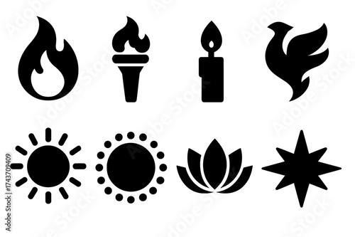 Infernalglow Icon Set. Infernalglow. Filled icon set of Infernalglow: flame, torch, candle, phoenix, sun, aura