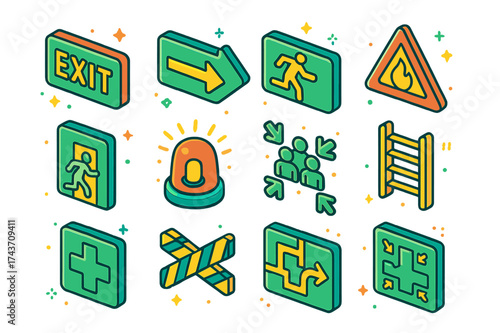 Colorful Escape Icons. Escape signs. Colorful isometric vector icons set of escape signs: exit sign, emergency arrow, running figure, warning triangle, fire