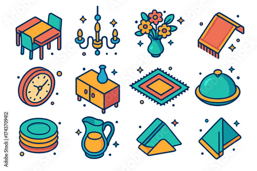 Dining Room Icons. Dining Room. Colorful isometric vector icons set of Dining Room: dining table, chairs, chandelier, centerpiece flowers, table runner, wall