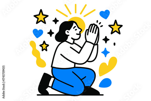 Grateful Kneeling Figure. Prayer of thanks. A person kneeling with hands together, glowing rays of light shining above, abstract floating stars and hearts