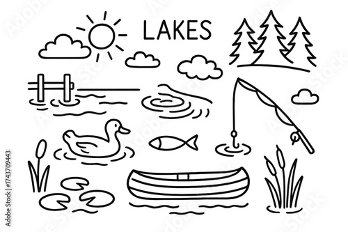 Lakeside Doodle Sketch. Lakes. Hand-drawn doodle illustration lakes still water, dock posts, fishing rod, canoe boat, ripples, fish symbol, duck swimming, lily