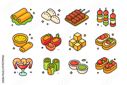 Colorful Appetizer Icons. Appetizers. Colorful isometric vector icons set of appetizers: spring rolls, dumplings, meat skewers, caprese bites, mini quiches,