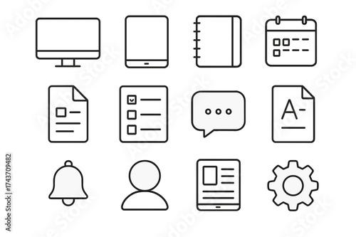 Learning Tools Icons. Learning tools. Line icon set of Learning tools: computer, tablet, notebook, calendar, assignment sheet, course list, message bubble,