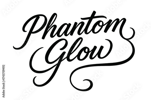 Phantom Glow Typography. Phantom Glow ? Script Hand-Lettering, flowing brush-style cursive with long smooth connectors, arched layout, sweeping tails