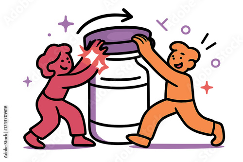 Teamwork in Motion. Team effort. Two glowing characters cooperating to twist open a large jar lid, with arrows
