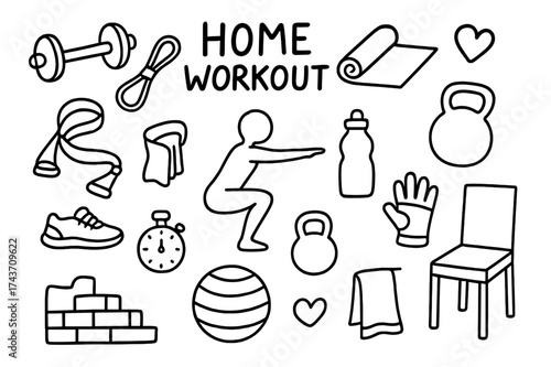 Home Workout Essentials. Home workout. Hand-drawn doodle illustration home workout dumbbell, resistance band, yoga mat, squat, kettlebell, water bottle,