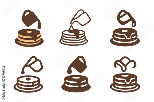 Pancake Logo Variations. Making pancakes on a cold morning. Set Logo of Food: pouring syrup on pancakes icon. harmonious logo variations of the same emblematic