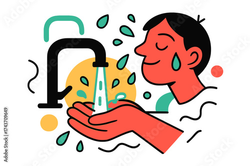 Refreshing Splash. Refreshing Sink. A glowing faucet pouring cold water into hands, a face just above receiving the splash, floating droplets in motion. Modern