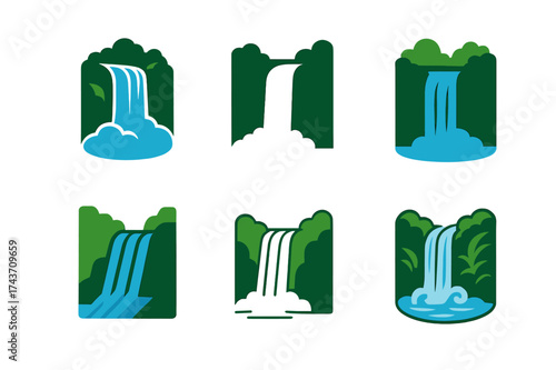 Waterfall Logo Variations. Waterfalls. Set Logo of Waterfalls: jungle cascade. harmonious logo variations of the same emblematic concept, each with different
