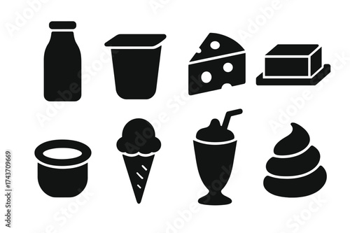 Milk Product Icons. Milk products. Filled icon set of Milk products: milk bottle, yogurt cup, cheese slice,