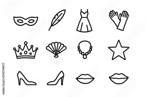 Masquerade Icon Set. Masquerade. Line icon set of masquerade: eye mask, feather, gown, gloves, crown, fan, necklace, star, shoe, smiling lips. All outline