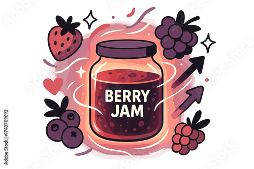 Glowing Berry Jam. Berry jam jar. Glowing jar filled with berry jam, abstract floating berries and light trails highlighting flavor and freshness. Modern flat