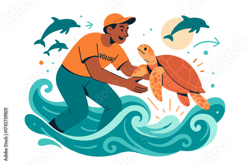 Turtle Rescue Scene. Marine rescue. Volunteer lifting a turtle from glowing water into safe arms, ocean waves