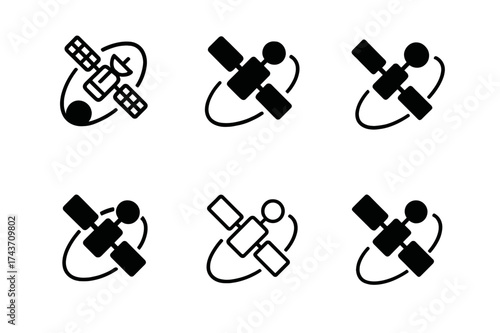 Satellite Logo Variations. Satellites and Their Role in Space Communication. Set Logo of Satellites and Their Role in Space Communication: satellite orbit